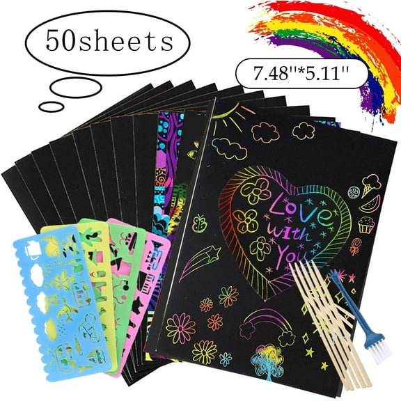 SHELLTON Scratch Art Set for Kids,50 PCS Rainbow Magic Scratch Paper for Kids Black Scratch Art Crafts with 4 Drawing Stencils for Birthday Party Game 7.48''*5.11''