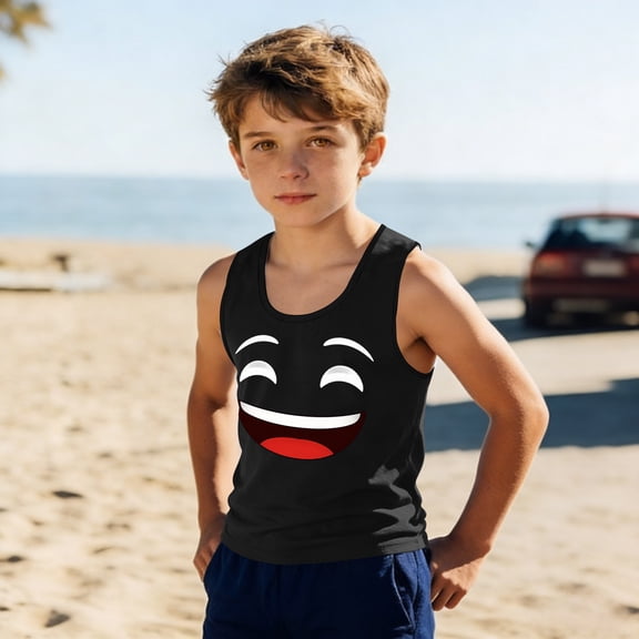 Eltusu Boys Tank Tops, Sleeveless Crewneck Sports Cotton Beach Shirts Black Size 6-7 T