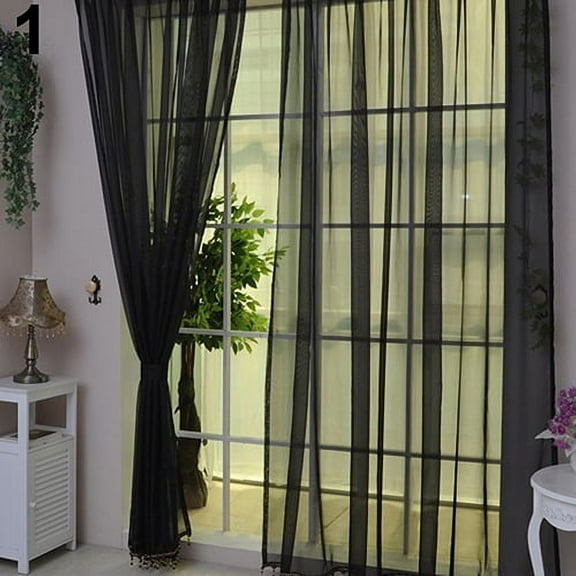 Farfi 1Pc Home Voile Pure Color Window Curtain Tulle Panel Sheer Scarf Valance Decor (Black)