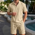 thumbnail image 5 of Uwinwear Men's Linen Casual 2 Piece Outfit Mock Neck Short Sleeve Shirt and Side Button Shorts Set Casual 2 Piece Summer Outfit,Khaki,L, 5 of 6
