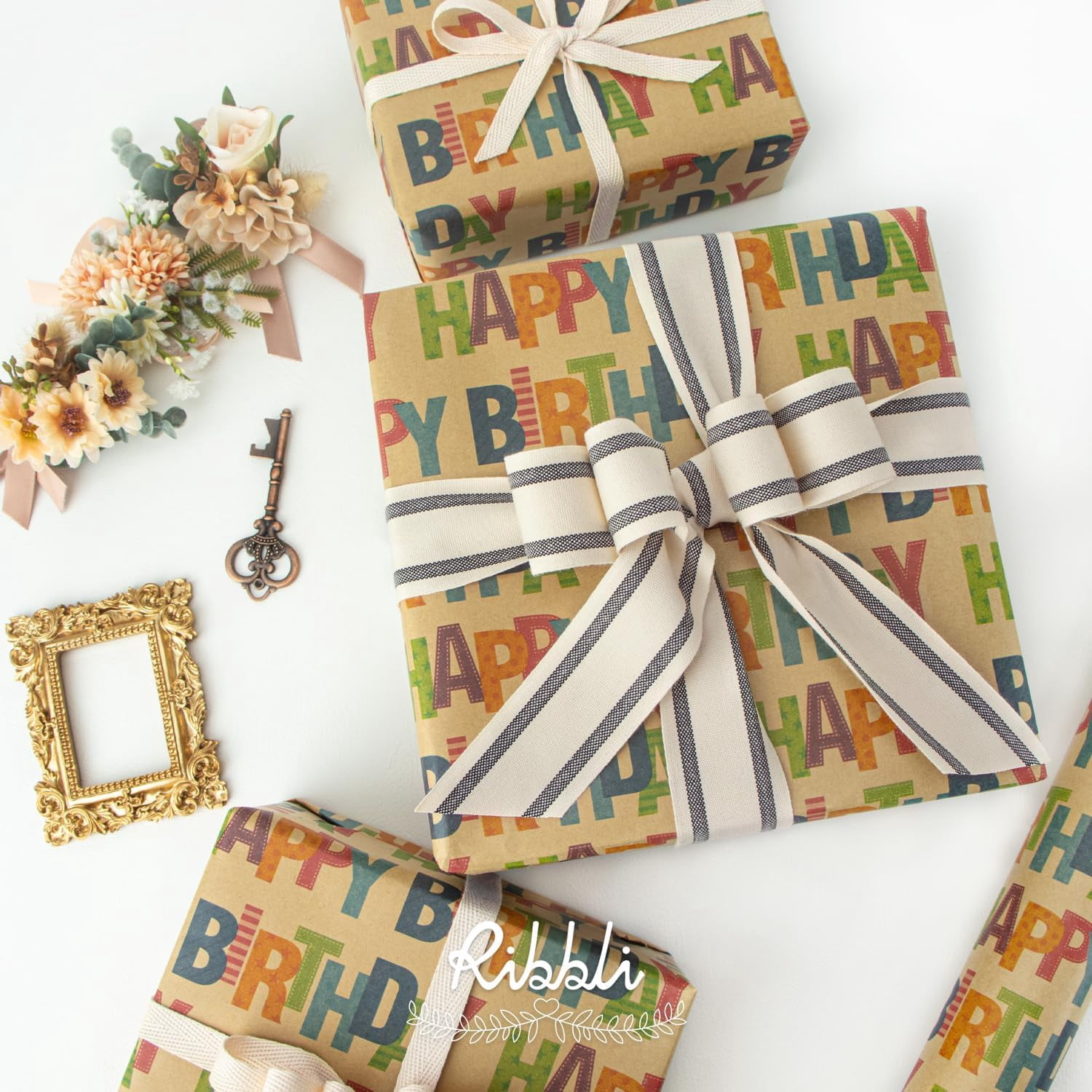 Birthday Kraft Wrapping Paper Vintage Style Paper Perfect for Kids Boys Girls Brown Kraft Paper with Colorful Pattern- 17Inch x 394Inch(33Feet)