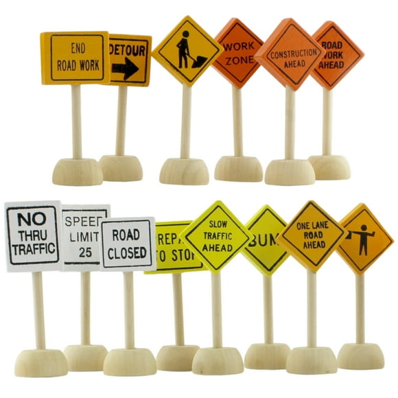 Attatoy Ensemble de Panneaux de Signalisation en Bois pour Construction Routière; Panneaux de Rue Petites Voitures Jouets et Autres Véhicules en Métal & Voitures et Jouets en Bois