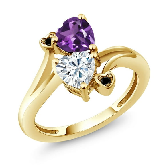 Gem Stone King 18K Yellow Gold Plated Silver Purple Amethyst White Moissanite and Black Diamond Ring for Women (1.63 Cttw, Heart Shape 6MM, Gemstone February Birthstone, Size 5)