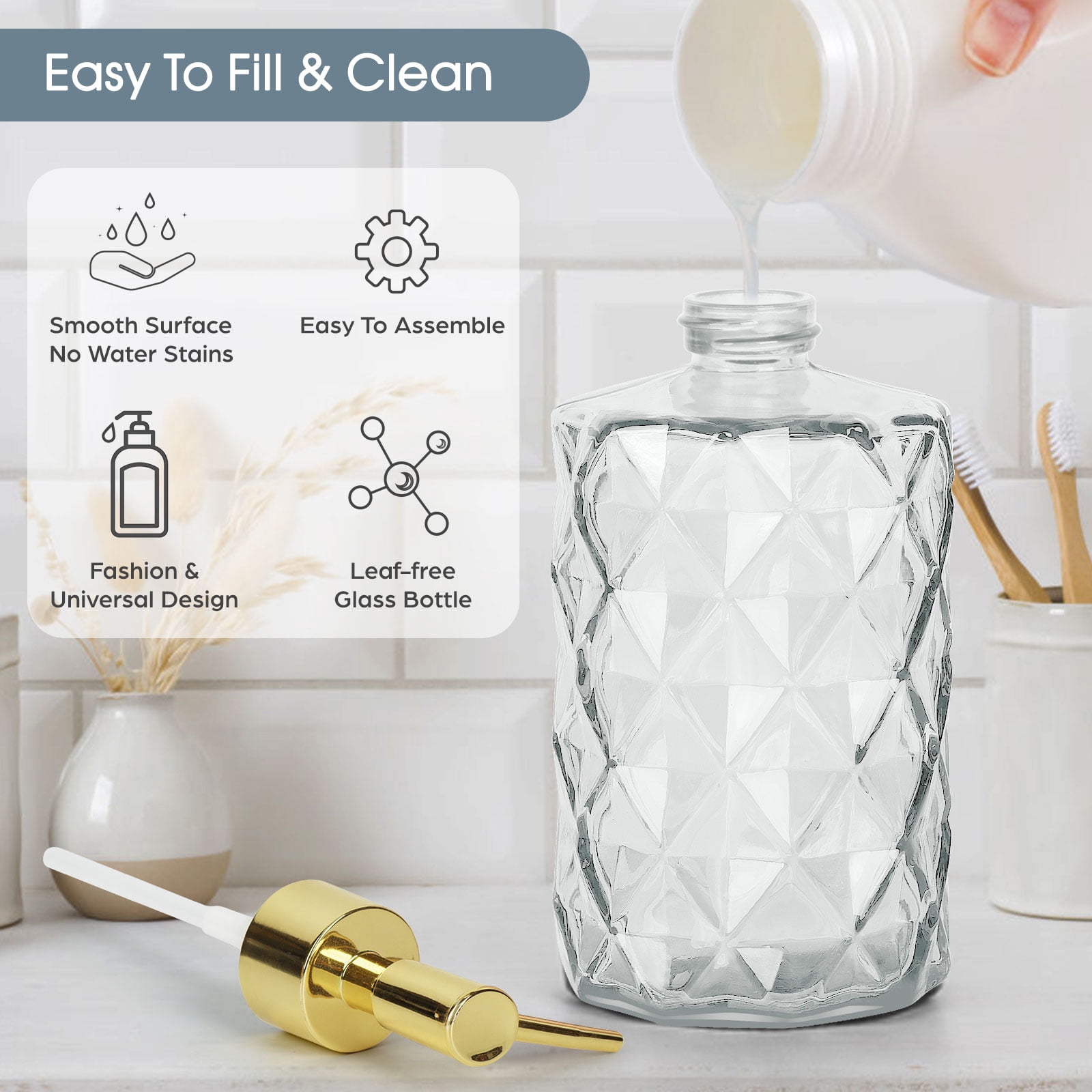2pcs 330ml Glass Soap Dispenser Set - Transparent & Golden Liquid Hand Soap/Lotion/Shampoo Bottles, Sturdy Pump for Bathroom Kitchen Office Sink