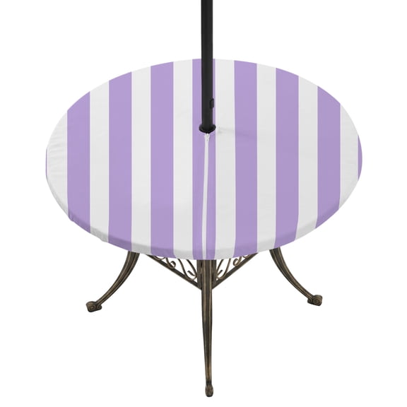 Round Outdoor Tablecloth with Umbrella Hole and Zipper, Purple Striped Fitted Table Cover with Elastic Edge for 55-60 Inch, Modern Farmhouse Purple White Stripes Waterproof Patio Tablecoths