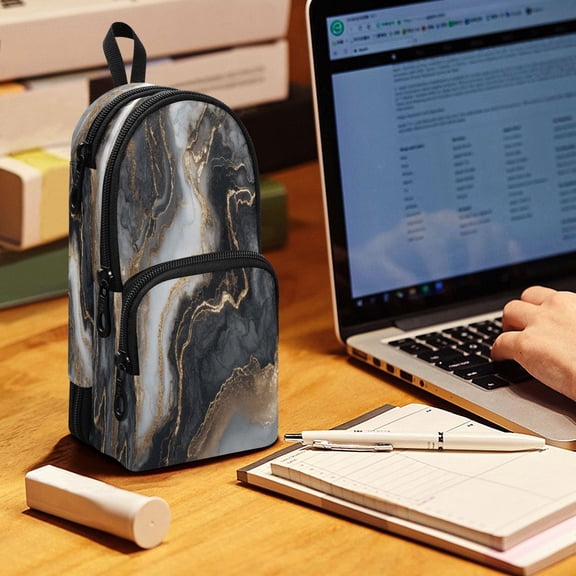 Backpack Pencil Case, 3 Compartment Large Capacity Oxford Fabric Pencil Pouch / Gilded Black Marble Fluid Art