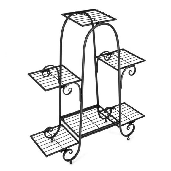 6-Tier Plant Stand, Indoor Outdoor Metal Flower Pot Rack, Adjustable Plant Shelves for Home Garden Patio Balcony, Black, 30x10.5x34 Inch