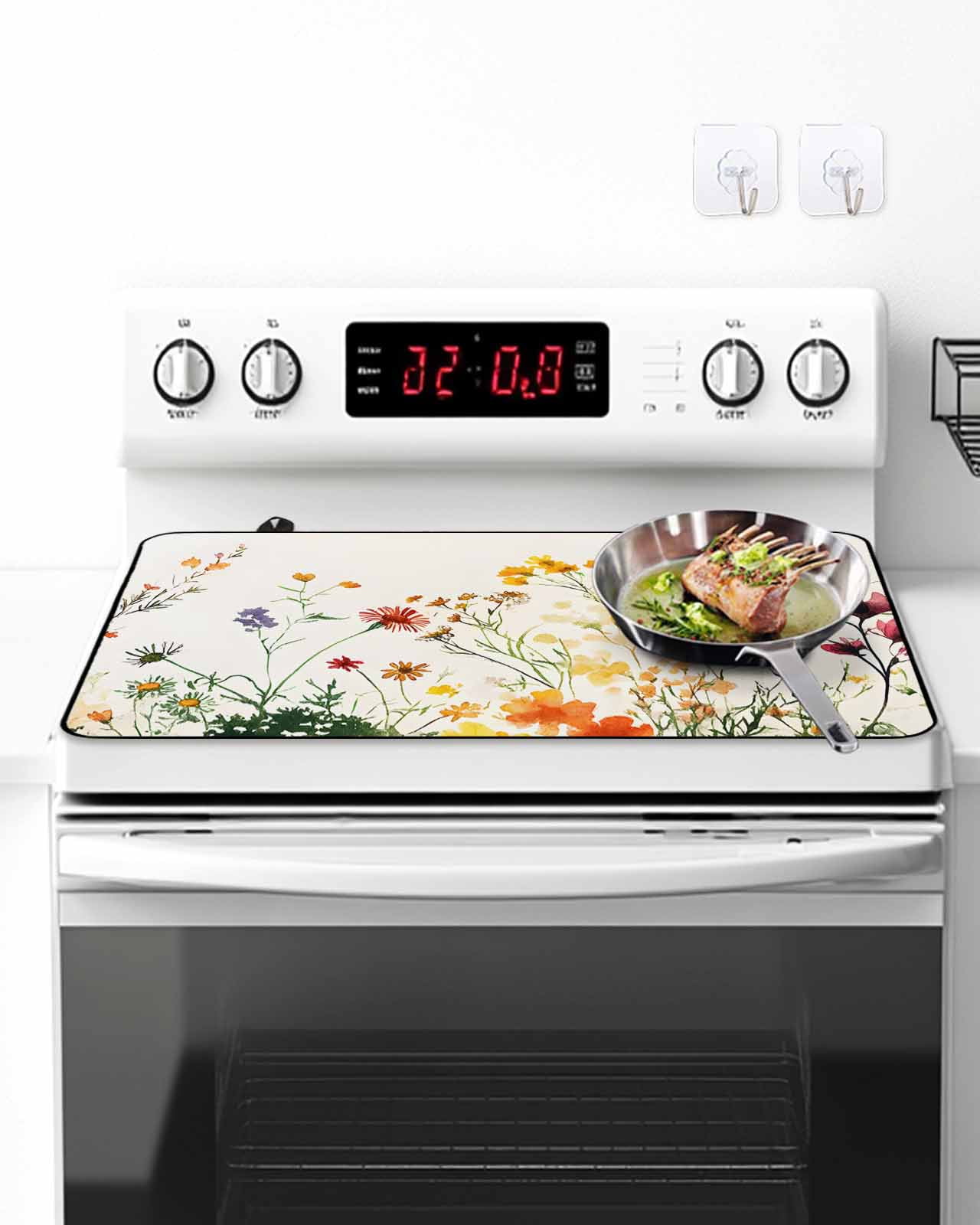Stove Top Covers for Electric Stove, Beige Floral Spring Glass Stovetop Cover Protector, Vintage Farmhouse Flowers Induction Cooktop Protector Oven Mat for Kitchen Countertop 24"x21"