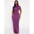thumbnail image 4 of Plus Size Women's Solid Color Round Neck Short Sleeve Fitted Elegant Maxi Dress, 4 of 10