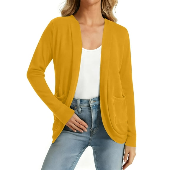 Womens Knitted Cardigan Front Open Solid Color Sweater Jackets Lightweight Comfy Casual Outwear With Pockets (XL, Yellow)