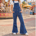 thumbnail image 3 of KIDSCOOL SPACE Girls Denim Flared Overalls Pants, Deep Heel Pockets Bell Bottom Raw edge Pants Hem Dungarees,MidBlue 9-10 Years, 3 of 8
