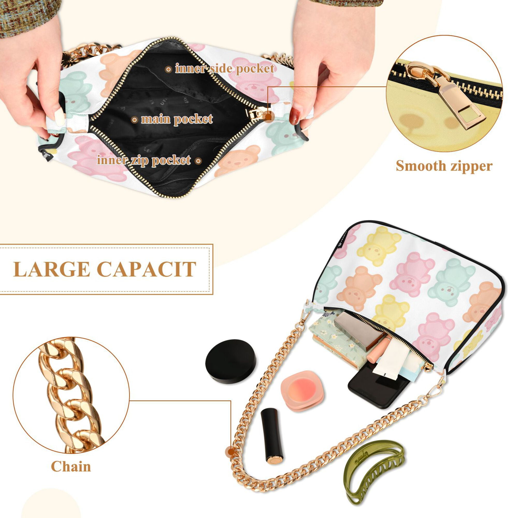 FORMRS Womens Shoulder Bag with Chain Strap Clutch Purse Cute Tote Handbag, Cute Gummy Bears Pattern
