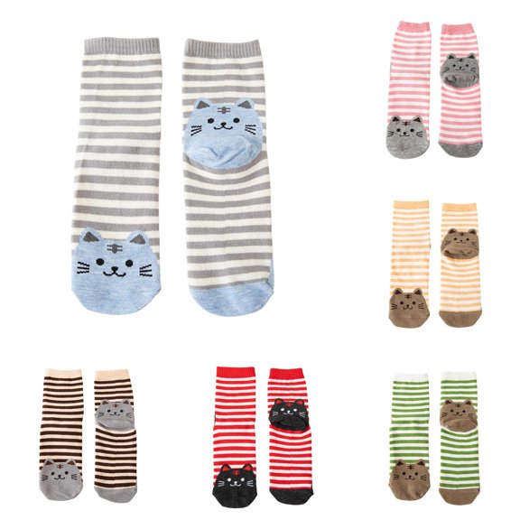 Daznico Women Mid Crew Ribbed Socks Stripe Cartoon Cat Face Novelty Print Soft Breathable Stretch Stockings for Girls Daily Casual Cute Outfit Matching