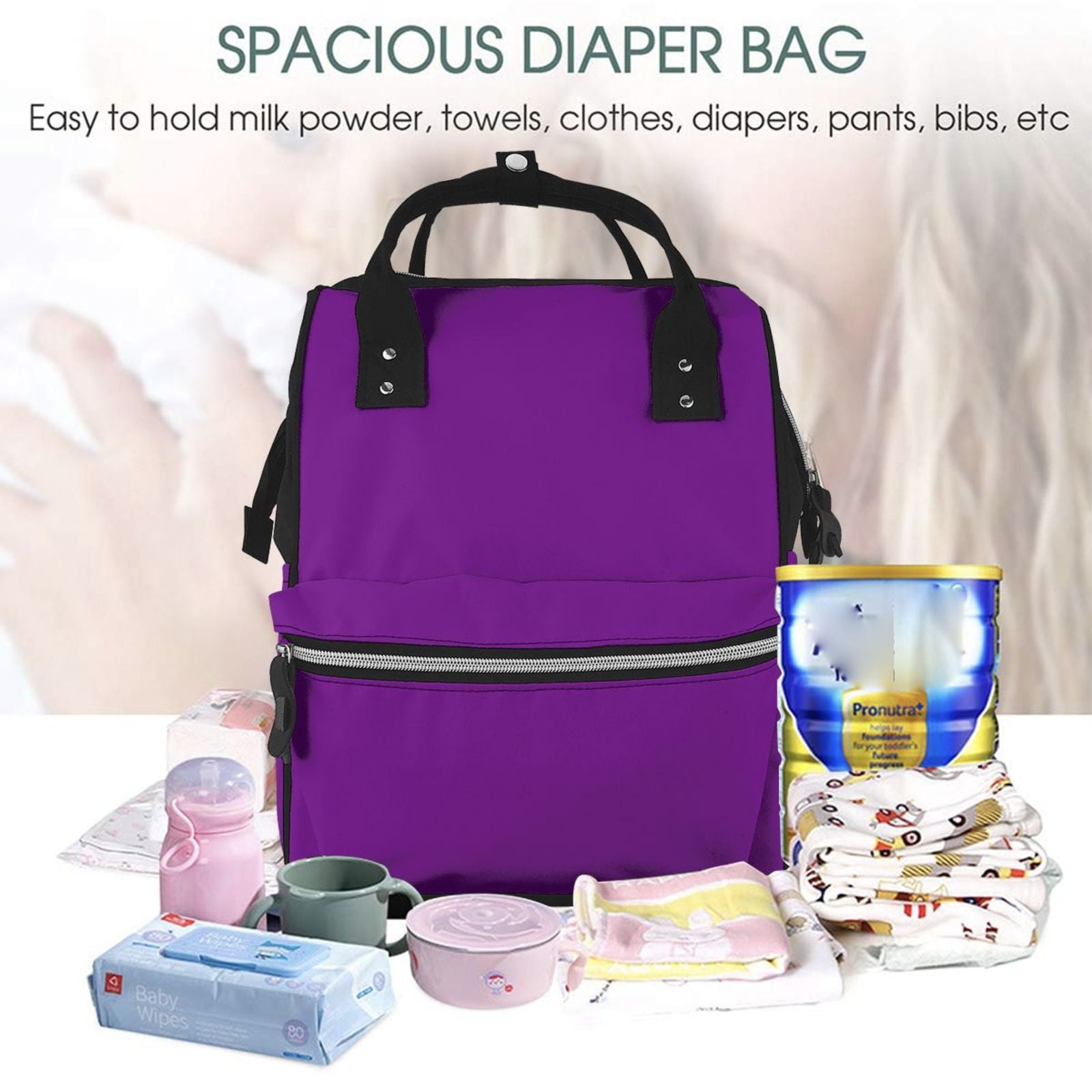 Ratiio Purple Mummy Backpack - Waterproof Twill Canvas, Large Capacity Diaper Bag with Multiple Pockets and Adjustable Straps