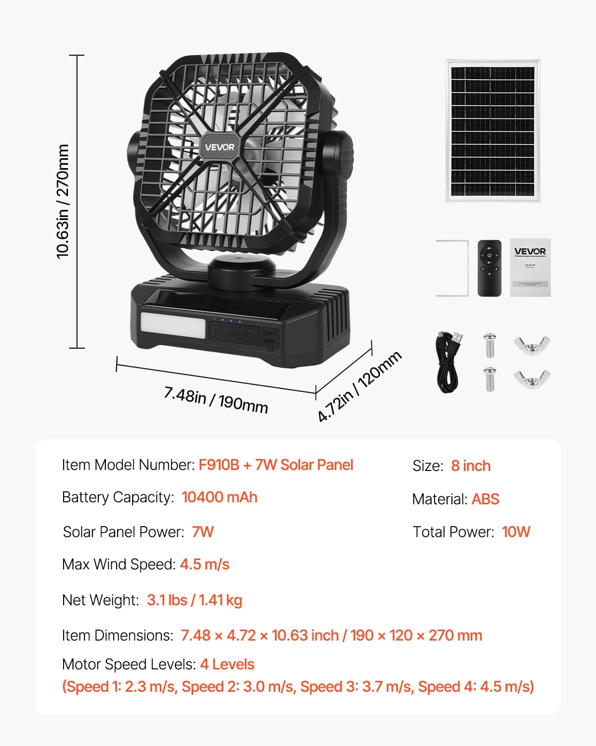 VEVOR 10400mAh Solar fan, Camping Fan with Solar Panel & LED Lantern, 7W 8 Inch Portable Rechargeable Battery Powered for Outside, 4-Speed and Quiet Operated for Picnic, Barbecue, Fishing, Travel