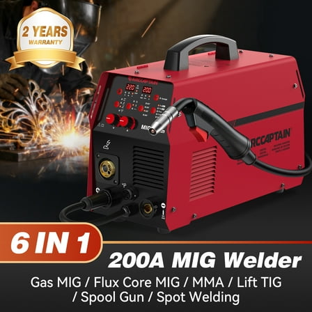 ARCCAPTAIN 6 in 1 MIG Welder, 200A Welding Machine Multiprocess 110V/220V, Flux Core MIG/Gas MIG/Lift TIG/Stick/Spool Gun MIG/Spot Welder with Synergy
