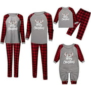 Family Matching Christmas Pajama Sets Deer Letter Printed Long Sleeve Tee and Red Plaid Pants Loungwear