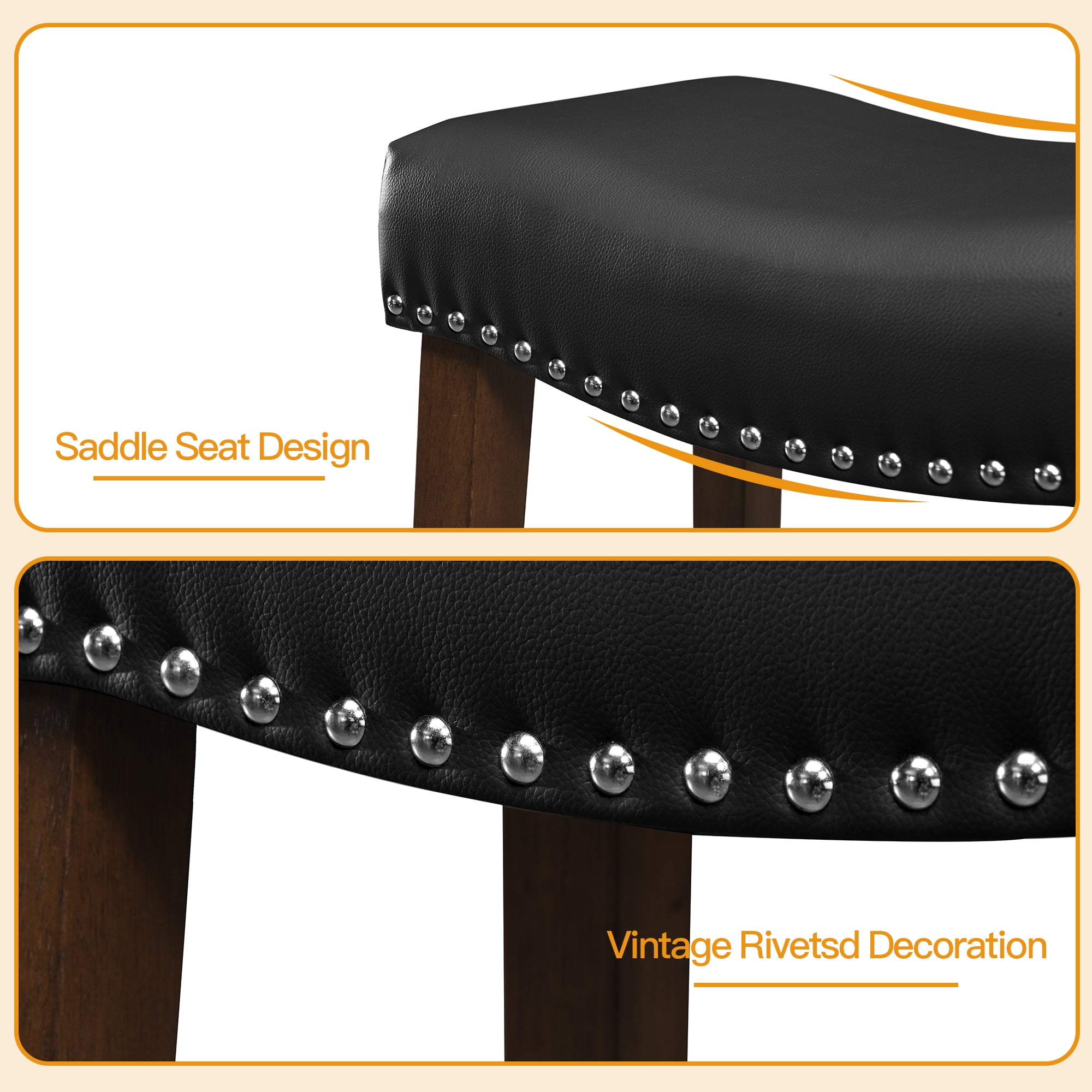 26 Inch Counter Height Bar Stools Set of 2 Saddle Barstools for Kitchen Island Counter, Bonded Leather Kitchen Stools, Black