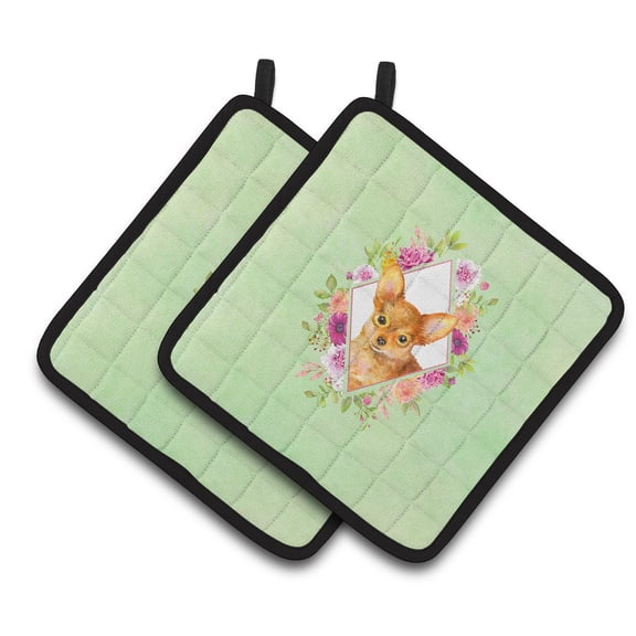 Toy Terrier Green Flowers Pair of Pot Holders