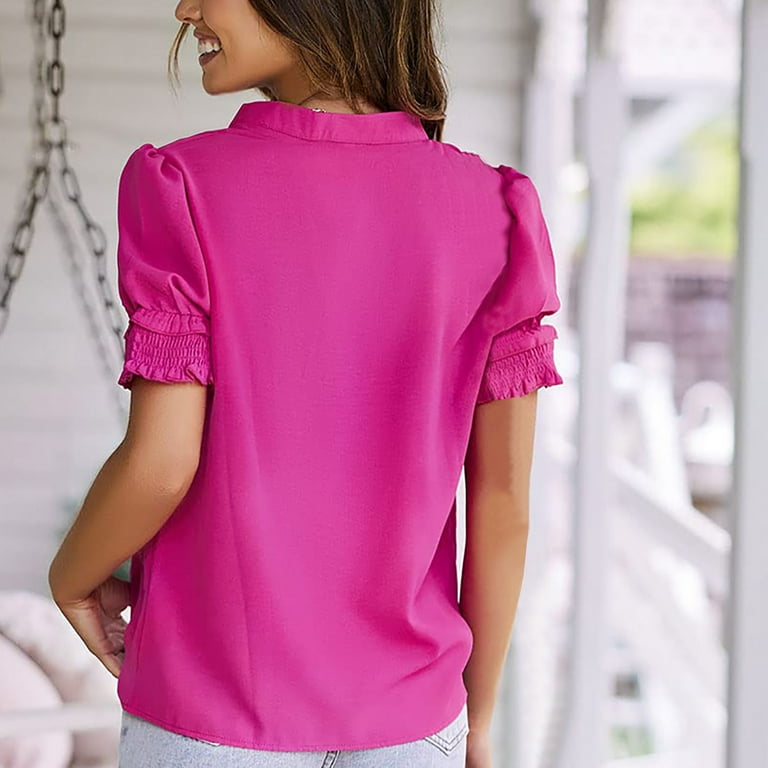 RQYYD Reduced Women's Summer Puff Short Sleeve Chiffon Blouse Casual V Neck  Business Work Shirts Solid Color Loose Fit Pleated Tops Hot Pink M 