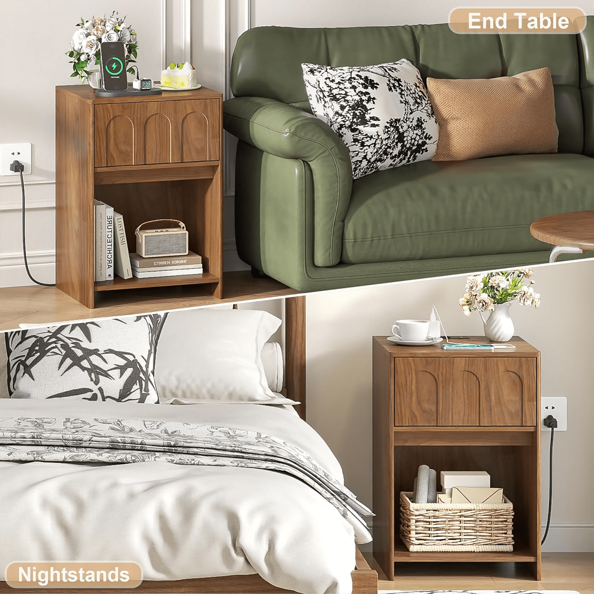 Nightstand Set of 2 with Drawer Storage, Mid-Century End Tables Side Tables for Bedroom, Living Room, Walnut