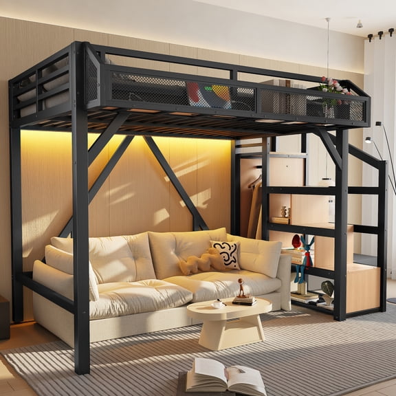 Twin Loft Bed with Storage Stairs and Wardrobe, Metal Frame with USB Ports and LED Lights, Noise-Reduction, Space-Saving Design, Ships in 2 Boxes