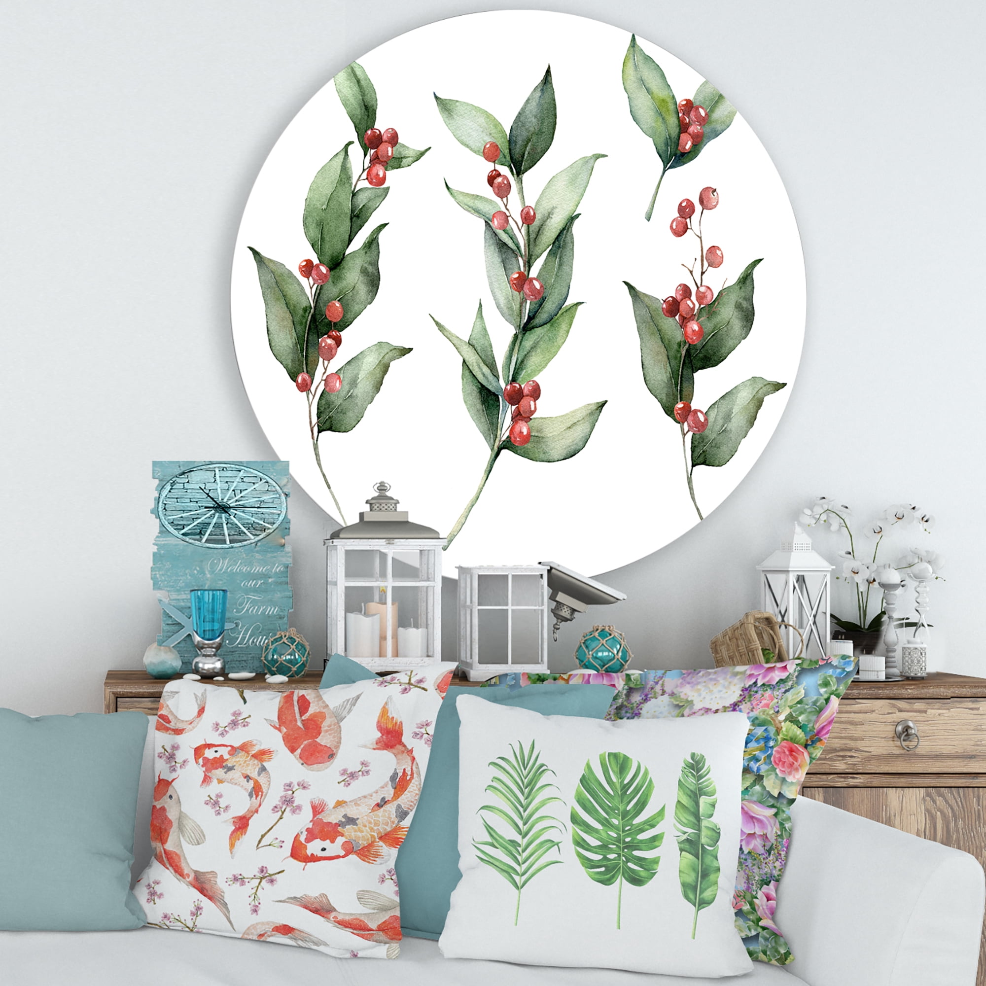 Designart 'Christmas Set Red Berrie With Branches' Traditional Circle Metal Wall Art 29x29 - Disc of 29