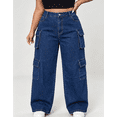 thumbnail image 4 of Plus Size Women High‑Waist Washed Vintage Cargo Jeans, Loose Wide‑Leg Multi‑Pocket Casual Denim Trousers, 4 of 6