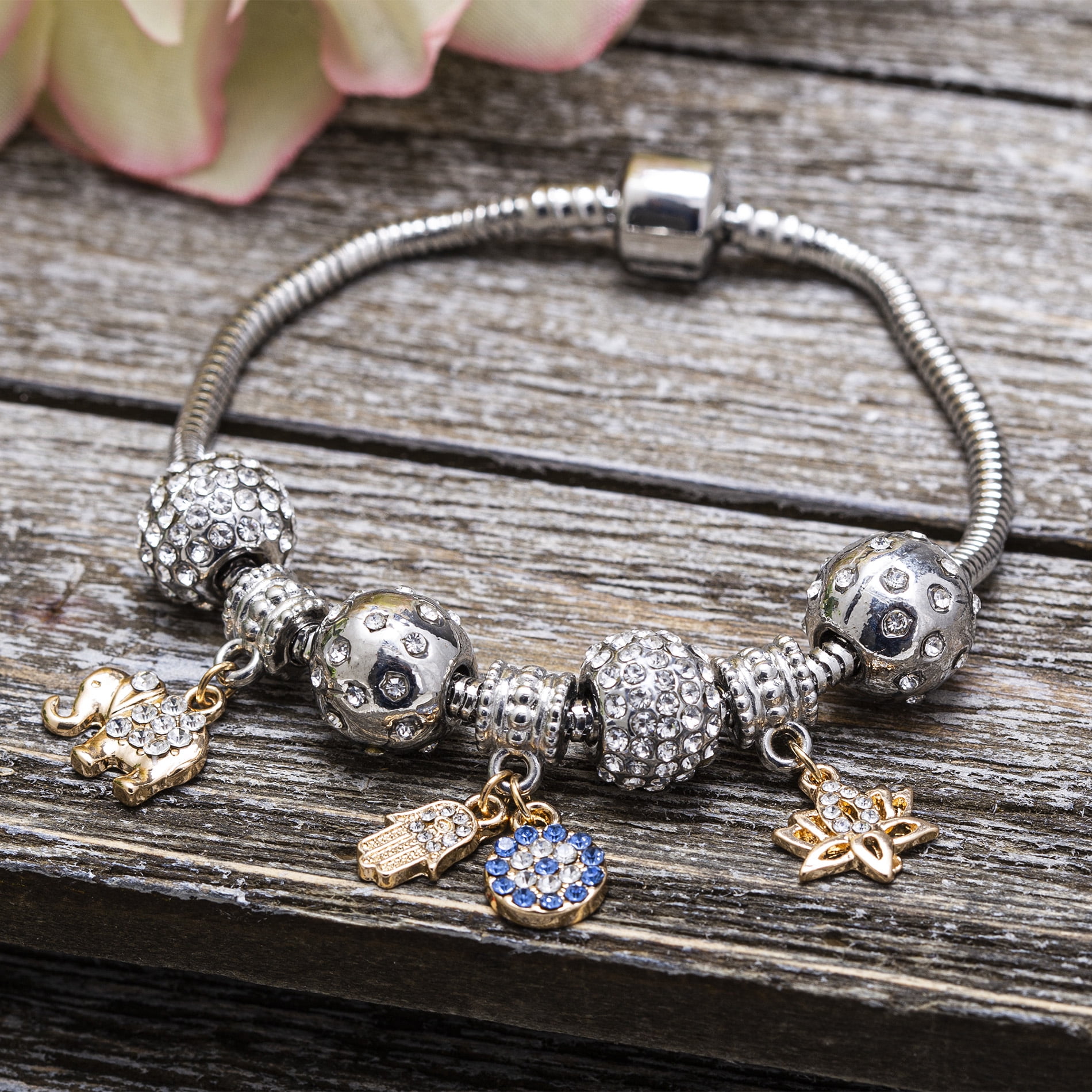 Lesa Michele Women's White Crystal Evil Eye and Elephant Charm Beaded Heart Snake Chain Yellow Gold-Tone and Silver-Tone Bracelet