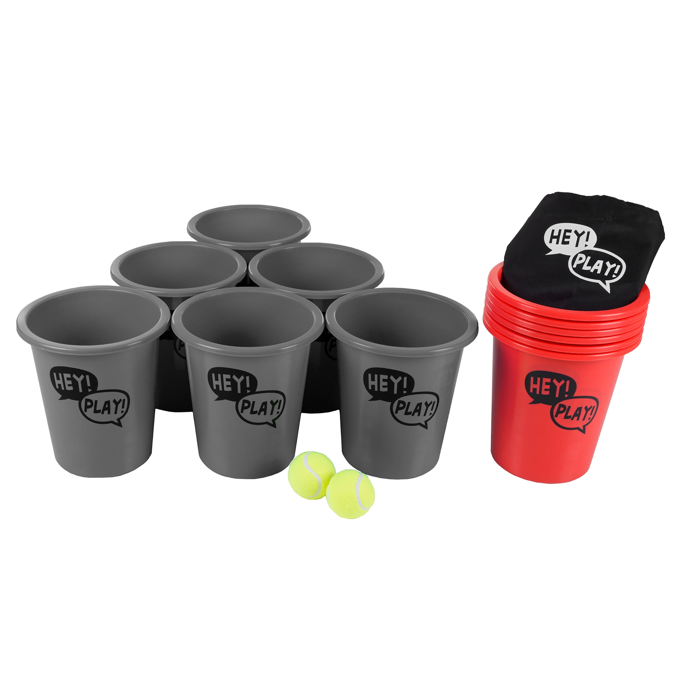 Large Beer Pong Outdoor Game Set with 12 Buckets, 2 Balls, Tote Bag by Hey! Play! (Red and Gray