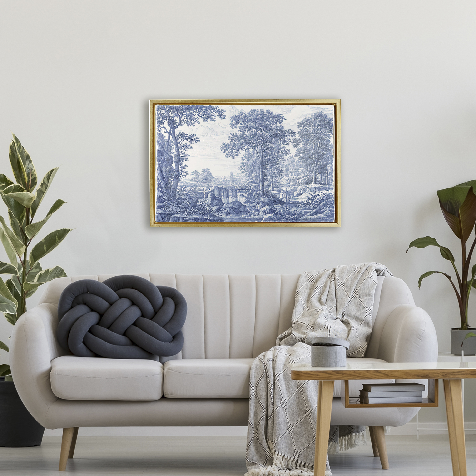 Vintage Blue Tinted Toile Gold Framed Floater Canvas Wall Art, design by Vintage Hustle