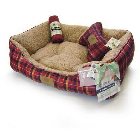 AKC Holiday Dog Bed Gift Set with Pillow and Throw, 28"W x 20"D x 8"H