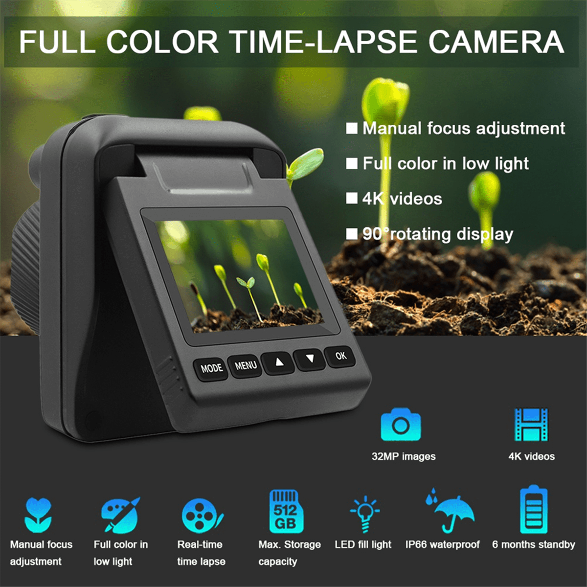 Low Light Full Color Time Lapse Camera中古 Outdoor Time Lapse Camera 32MP Waterproof Timelapse Camera