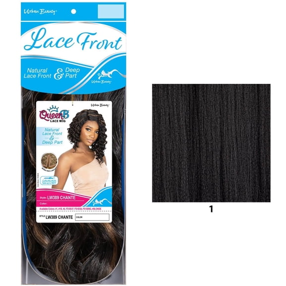 QueenB Synthetic Lace Wig, Center Part, Deep Crimp Curl, #1 - Chante