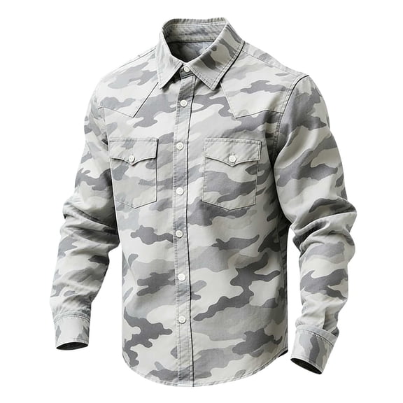 LEKWK Camouflage Shirt for Men Western Cowboy Style Long Sleeve Button Down Top Outdoor Hunting Ranch Rodeo Work Wear