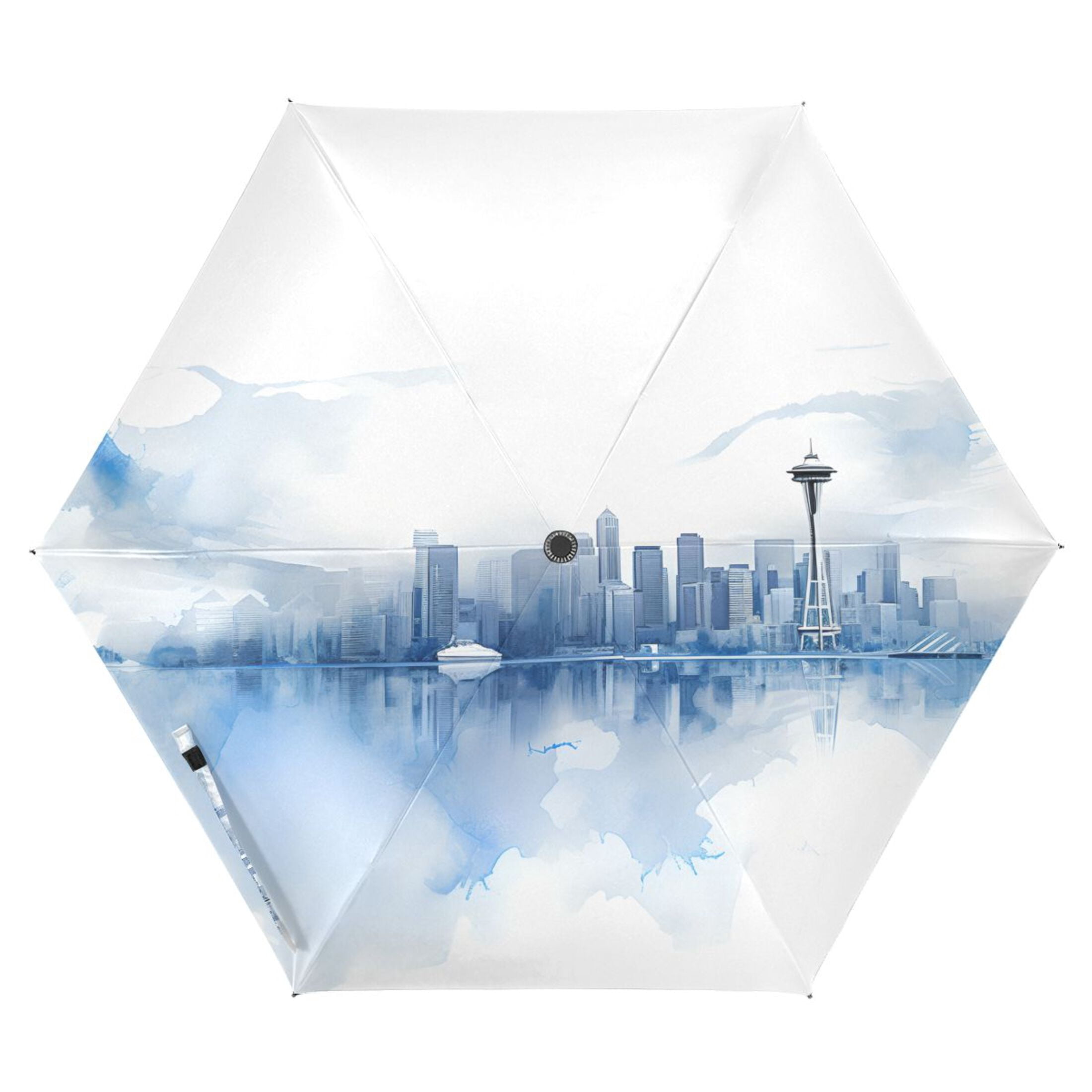 Watercolor Seattle Skyline Compact Sun Umbrella Windproof Travel Umbrellas for Rain Strong Portable UV Protection