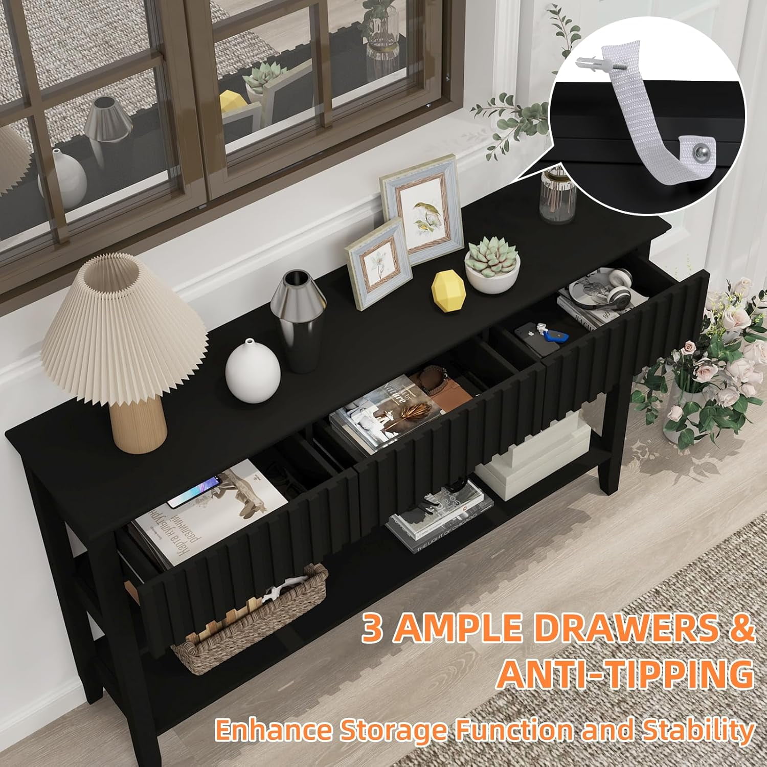 LAZZO Modern Fluted Console Table, Narrow Long Behind Couch Sofa Entryway Table with 3 Drawers & 2-Tier Open Shelf, Black