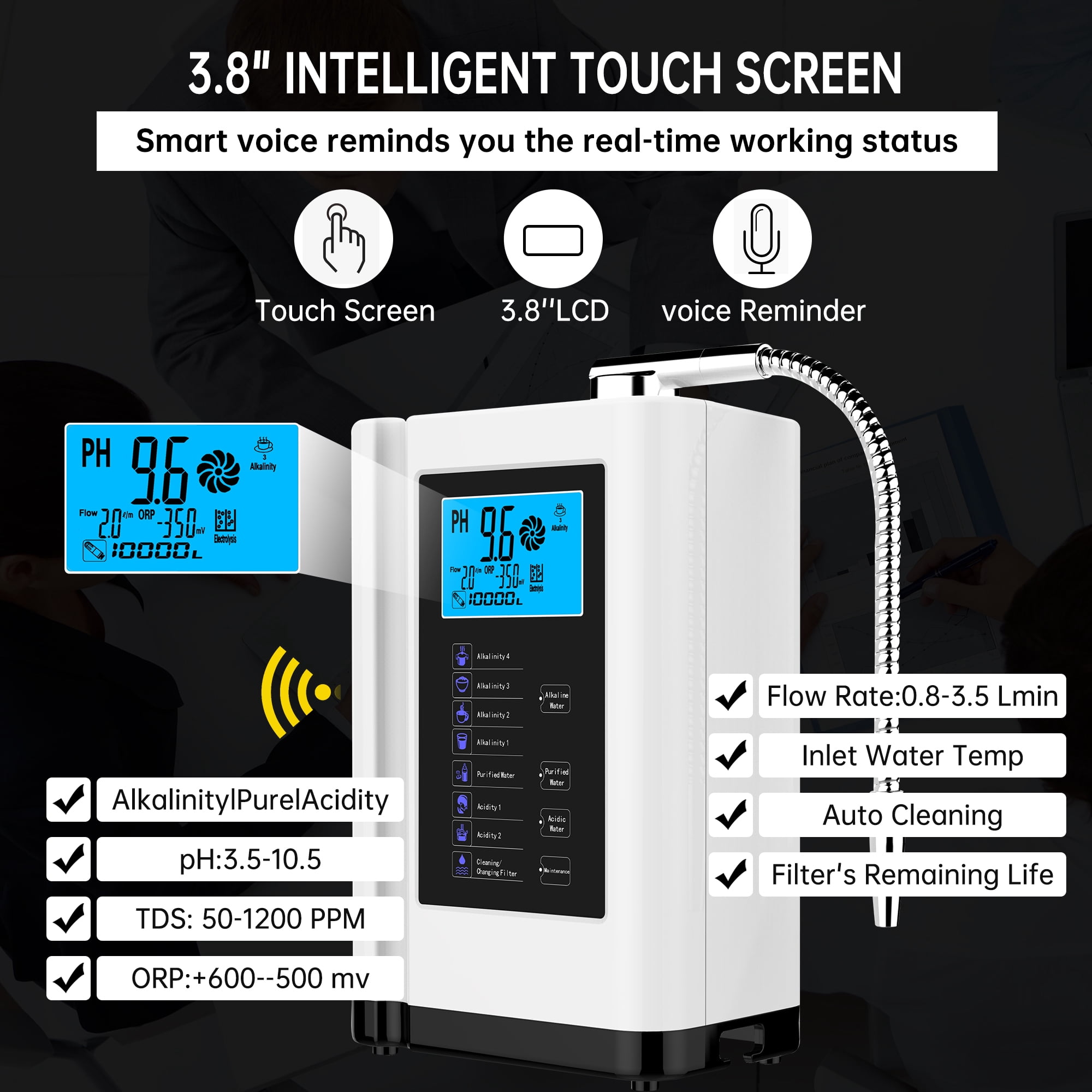 Alka Water Ionizer, Water Purifier Machine PH 3.5-10.5 Alkaline Acid Water Machine, up to -500mV ORP, 8000 Liters per filter,7 Water Settings, Auto-cleaning,Intelligent Voice White)