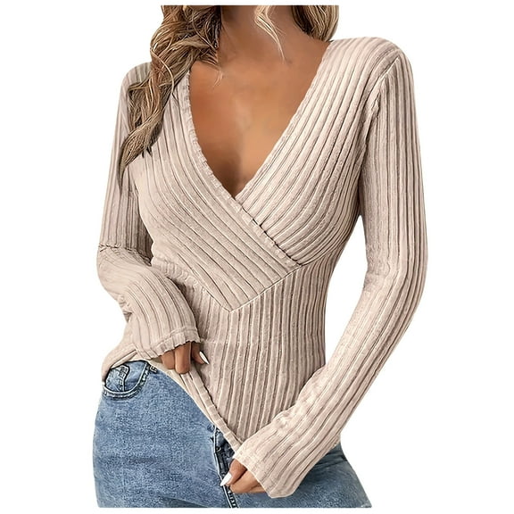 VINUSLI Women's V-Neck Sweatshirts Long Sleeve Shirts Ribbed Knit Slim Fit Sweaters Pullover 2025 Fall Casual Work Tunic Tops Beige,S