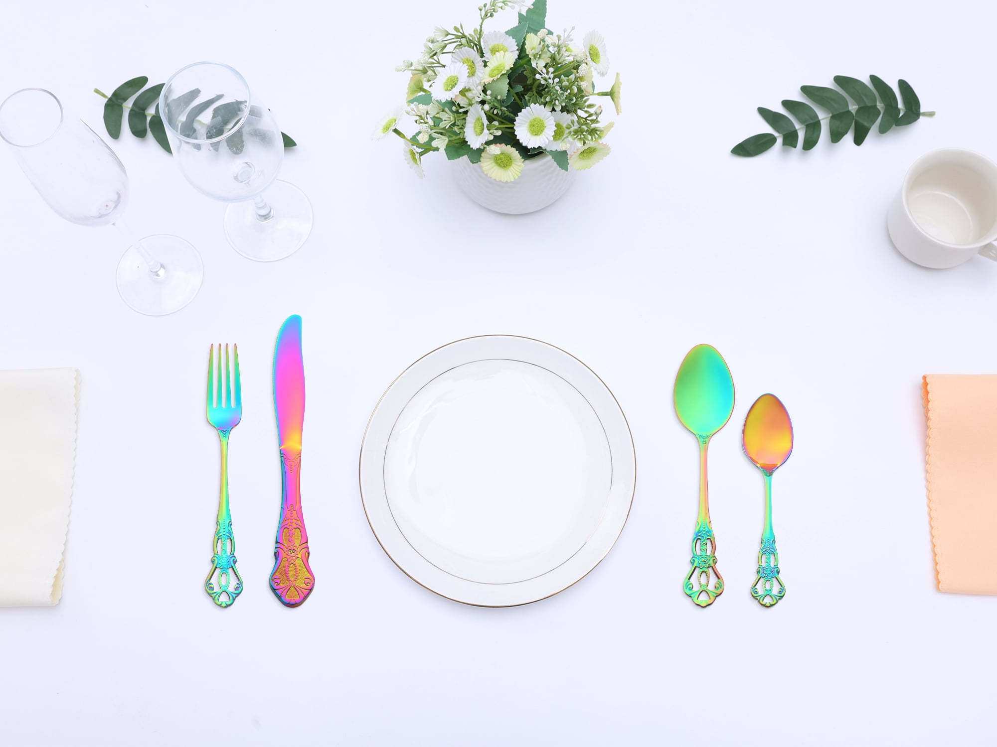 Unique Bargains 24 Pcs Silverware Set Stainless Steel Floral Flatware Set Colorful