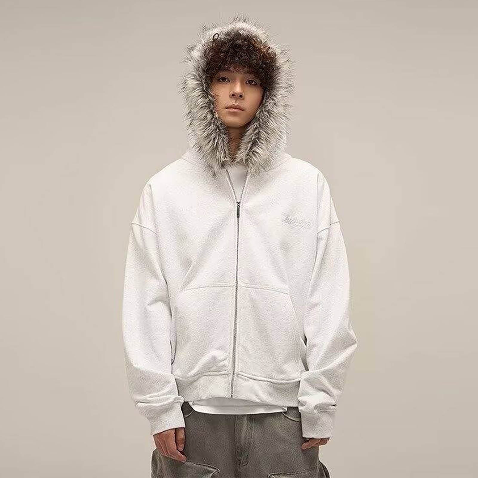 Unisex 2025 Fall Winter Y2k Faux Fur Hood Zip Up Oversized Hoodie
