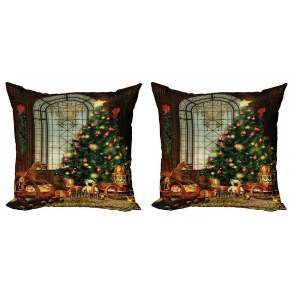 Ambesonne Christmas Throw Pillow Cover 2 Pack, Xmas Tree, 18", Brown Red Green