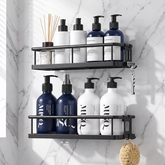Shower Caddy Adhesive, Rustproof Shower Shelves for Inside Shower, Large Capacity Bathroom Organizers and Storage, Shower Storage with Removable Hooks, No Drill Bathroom Accessories Black
