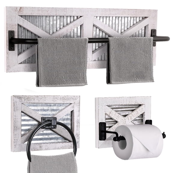 Autumn Alley Farmhouse Bathroom Hardware Set, 3 Piece White Wood & Galvanized Metal Bathroom Accessories – Towel Bar, Towel Ring & Toilet Paper Holder, Wall Mount
