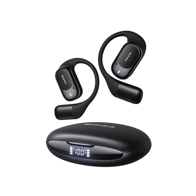 auriculares abiertos eonini y70 inalámbricos bluetooth 40h auriculares supraaurales abiertos negros con ganchos ajustables sobre la oreja, carcasa externa con drivers de 14,2 mm visibles, controles táctiles y estuche de carga ovalado negro con pantalla LED que muestra nivel de batería; vista frontal sobre fondo blanco, adecuados como audífonos deportivos y para llamadas manos libres.