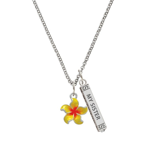 Delight Jewelry Silvertone Yellow and Orange Plumeria Flower Silvertone Always My Sister Bar Charm Necklace, 23"