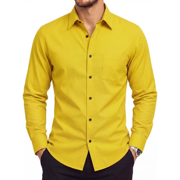 Men's Yellow Dress Shirts Long Sleeve Button Down Shirt Casual Formal Business Tops with Pocket L