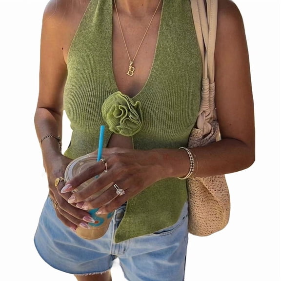 Women Halter Neck 3D Floral Rib-Knit Top Tank Y2k Sleeveless Backless Open Front Slim Fit Sweater Vest Green M