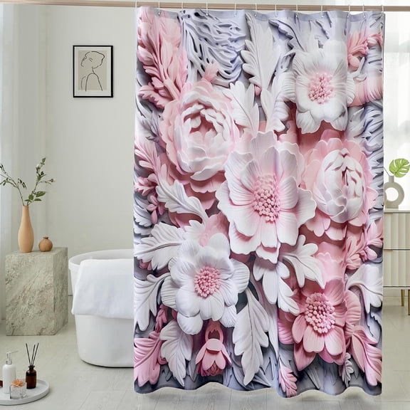 Elegant Floral Shower Curtain 72x72 in, Pink & Grey Minimalist Blossoms, Waterproof Washable Fabric, Hooks Included