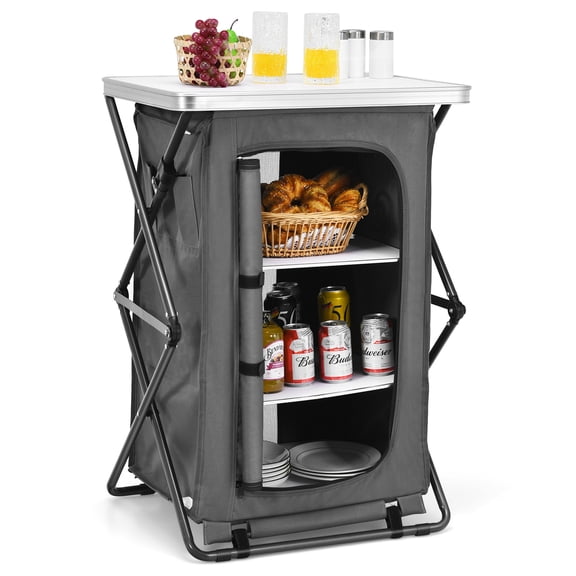 Patiojoy Portable Outdoor Camping Storage Cabinet Folding Organizer Kitchen Table w/ 3 Shelves and Carry Bag for BBQ 35"H